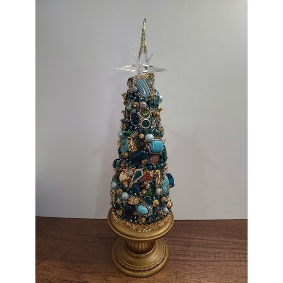 Handmade Vintage Jewelry Christmas Tree Upcycled Art Teal Gold Rhinestones